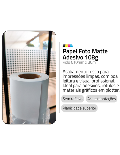 Rolo Papel Adesivo Matte Fosco 108g 610mm x 30m DER 4 – Para Plotter Jato de Tinta