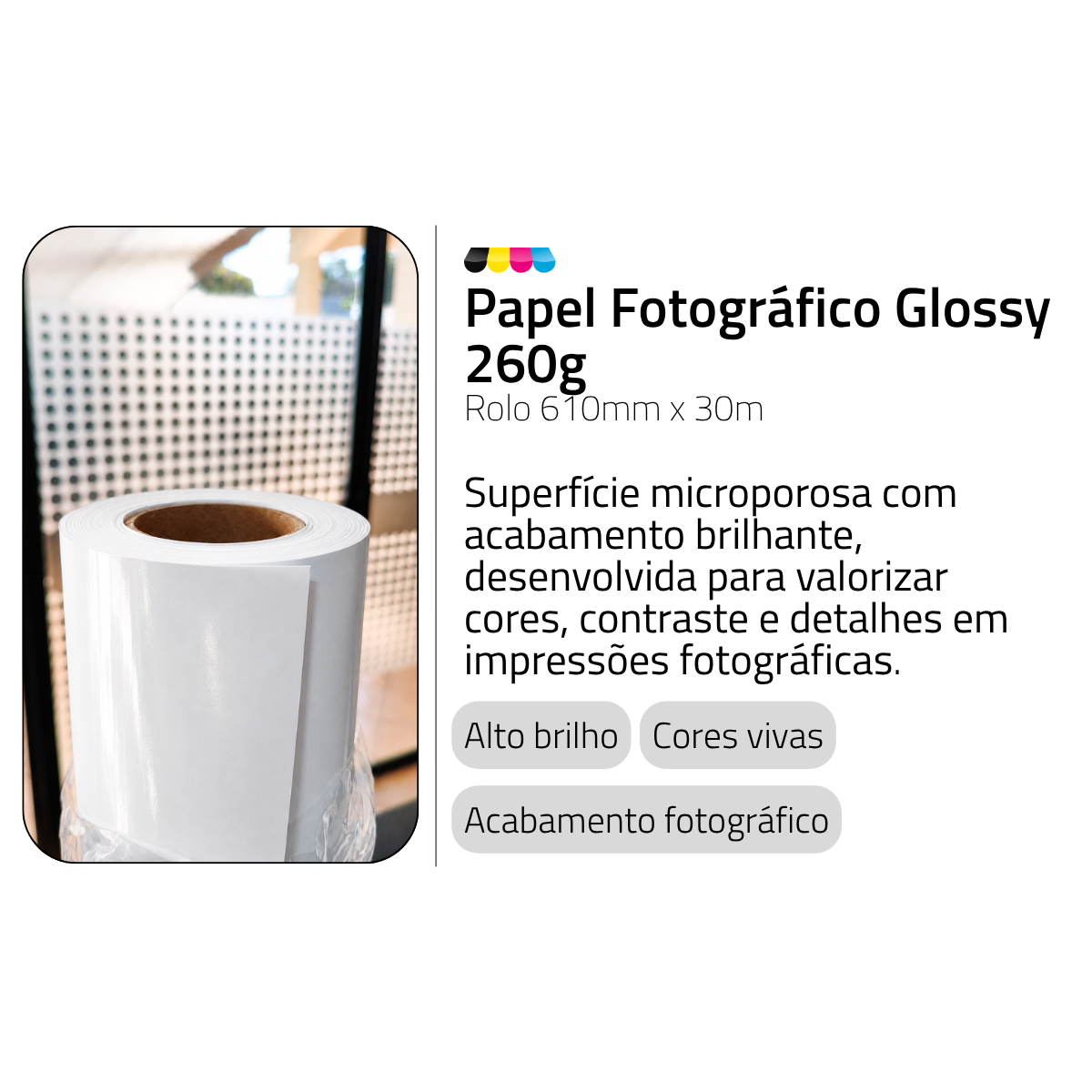 Rolo Papel Foto Glossy Microporoso Com Brilho 260G/M² 610MMX30MTS DER 4