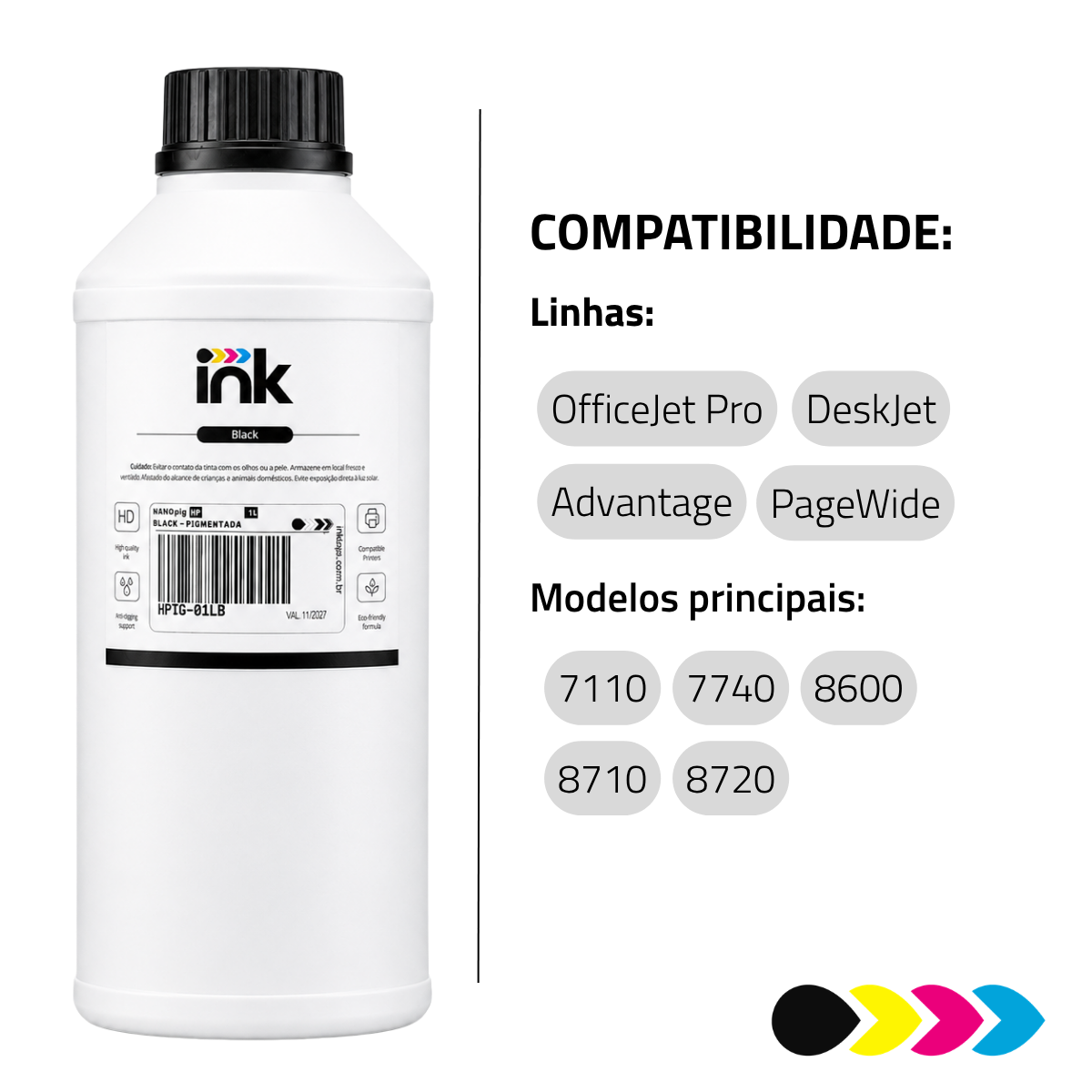 Tinta Pigmentada Ink para Hp — 100ml, 250ml e 1L